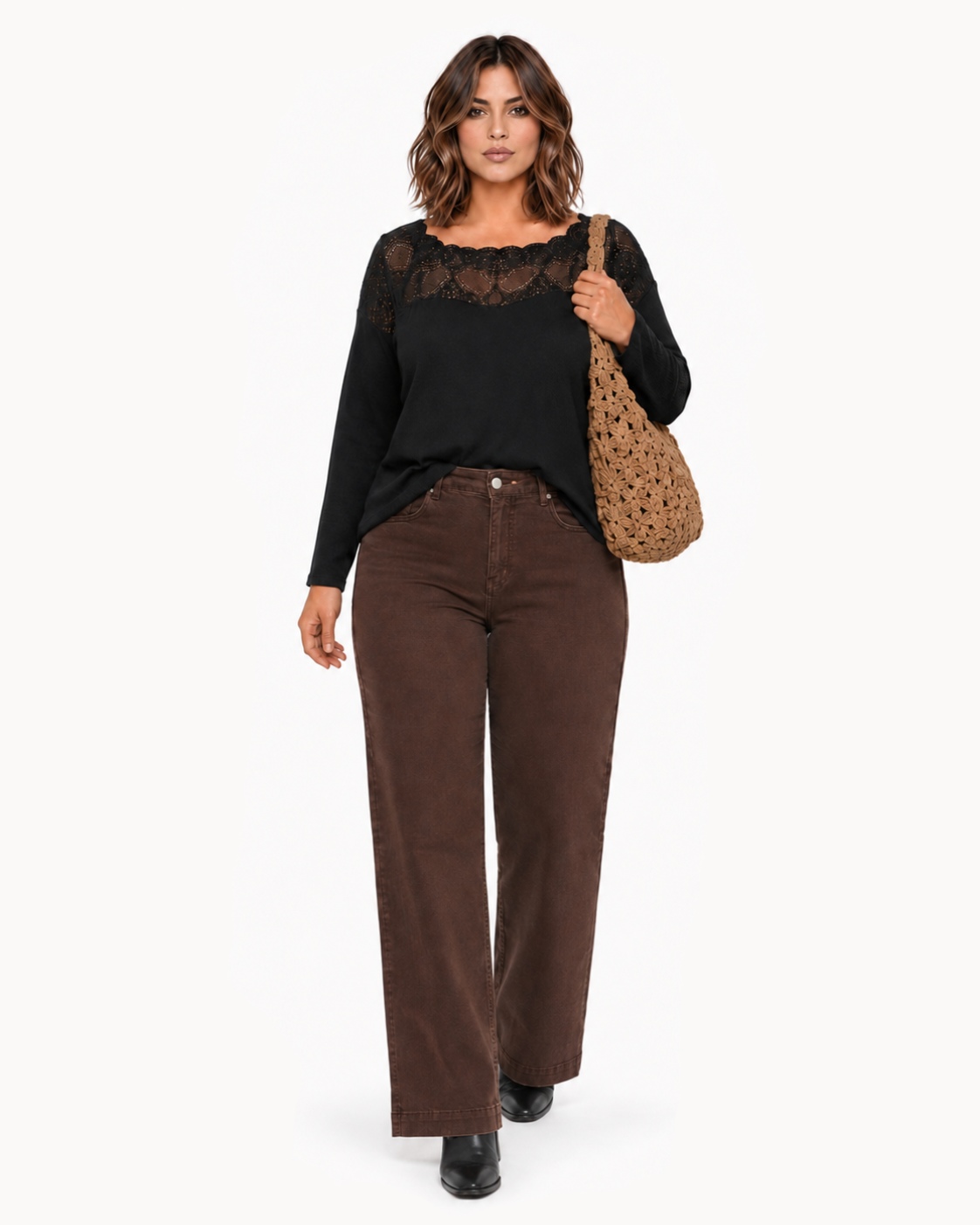 Look completo Jeans flare marrón chocolate de tiro alto con bolsillos delanteros y bajo acampanado