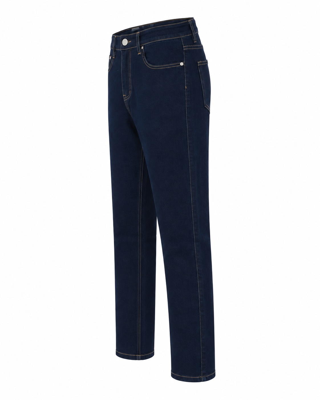 Vista lateral de los jeans skinny azul oscuro de tiro alto y corte ajustado