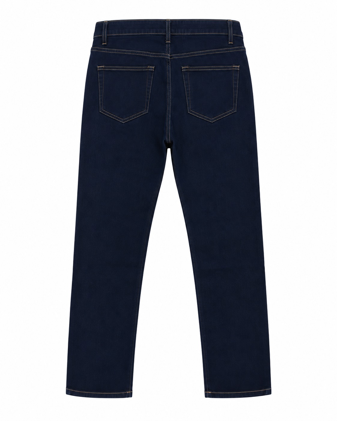 Vista de la espalda de los jeans skinny azul oscuro con bolsillos traseros y pespuntes en contraste