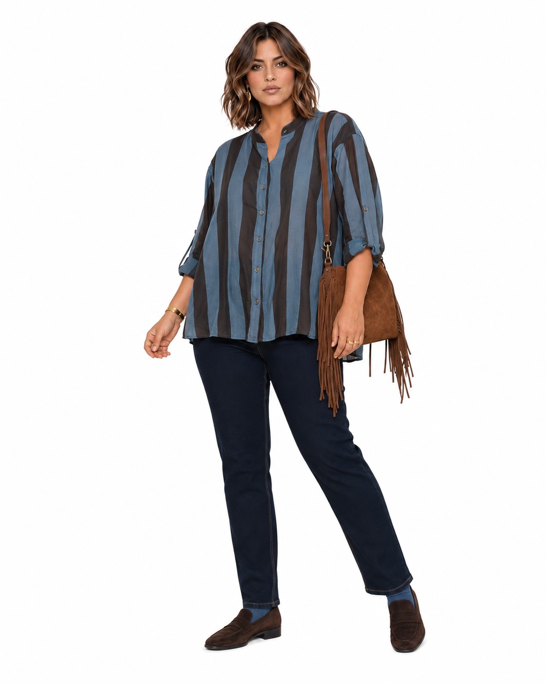 look completo jeans skinny azul oscuro de tiro alto con bolsillos delanteros y pespuntes en contraste