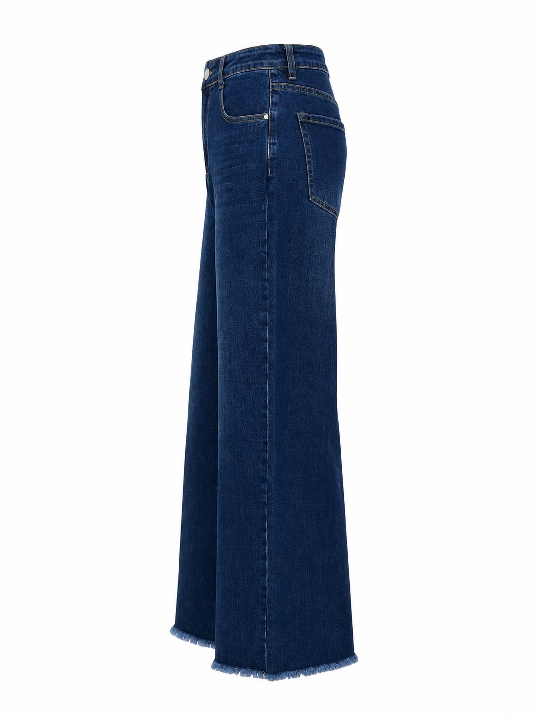 Vista lateral de los jeans wide leg azul oscuro con pernera ancha