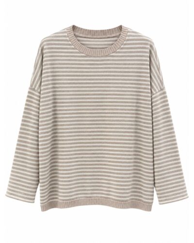 Jersey cozy rayas beige para mujer curvy con cuello redondo y corte amplio