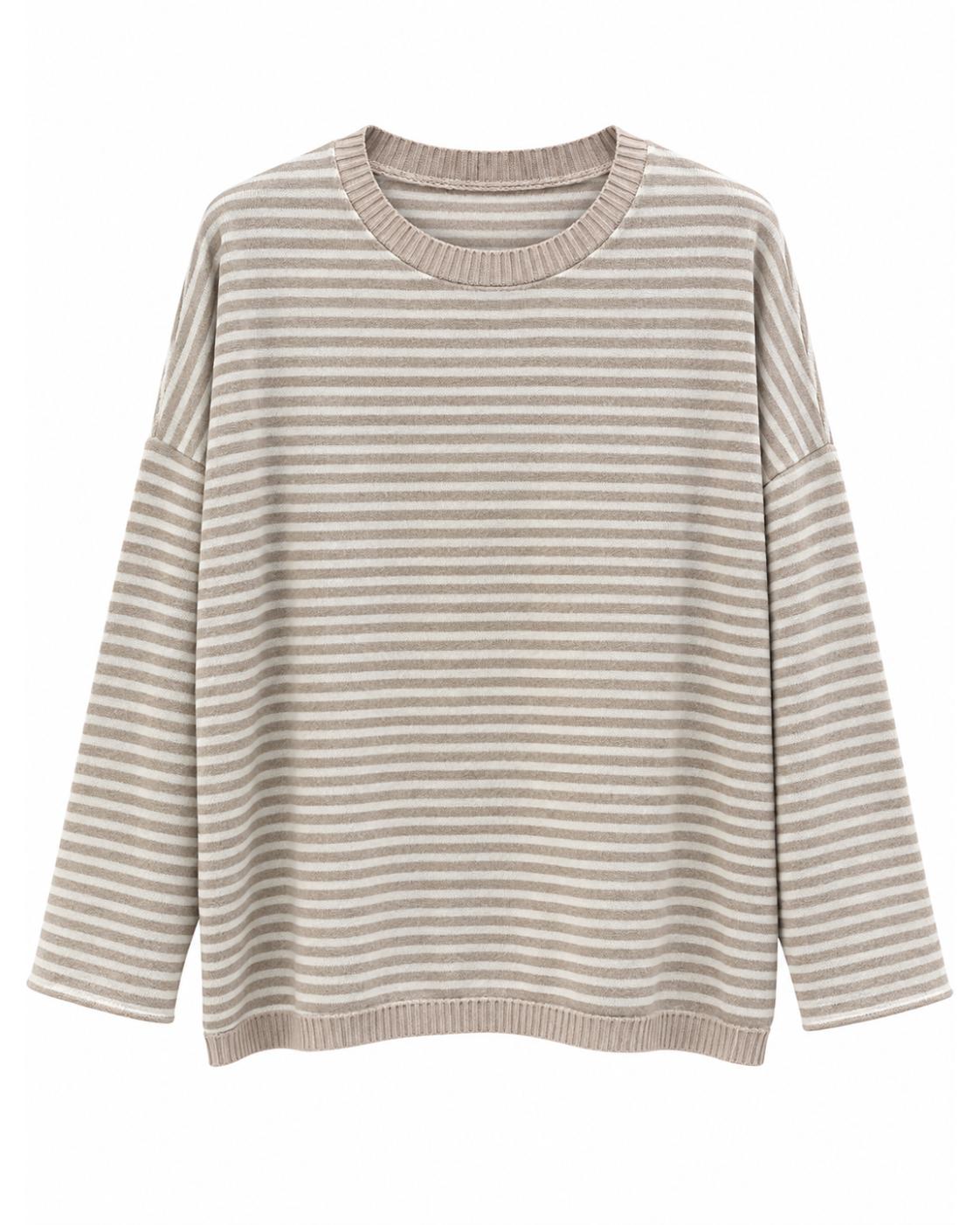 Jersey cozy rayas beige para mujer curvy con cuello redondo y corte amplio