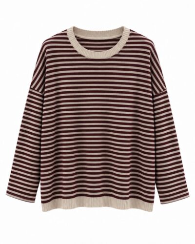 Jersey Cozy rayas burdeos y beige con cuello redondo, manga larga y corte amplio