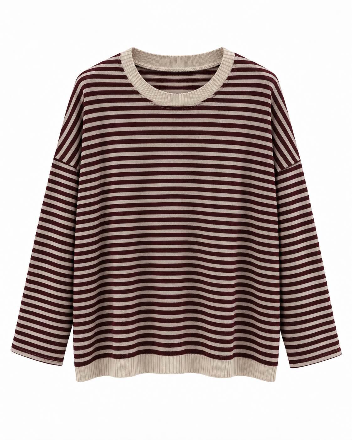 Jersey Cozy rayas burdeos y beige con cuello redondo, manga larga y corte amplio