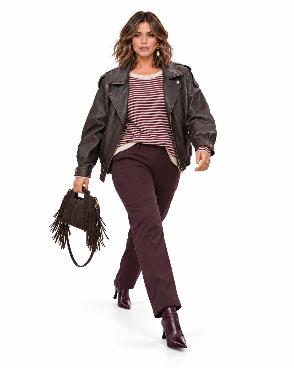 Look completo Jersey Cozy rayas burdeos y beige con cuello redondo, manga larga y corte amplio
