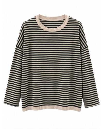 Jersey Cozy rayas negro curvy de manga larga con rayas horizontales y cuello a contraste