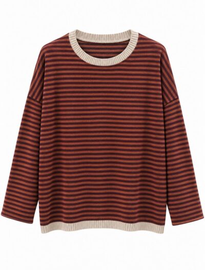 Jersey cozy rayas terracota para mujer curvy con cuello redondo en contraste
