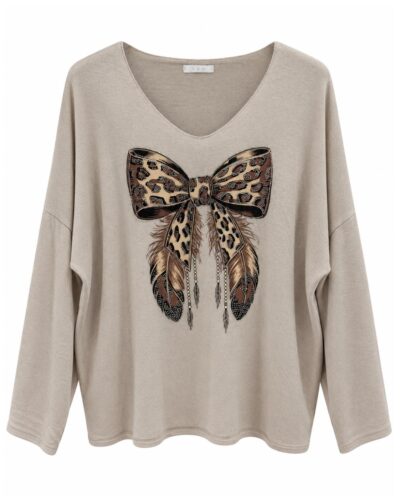 Jersey lazo beige curvy con escote en V y gran lazo animal print delantero