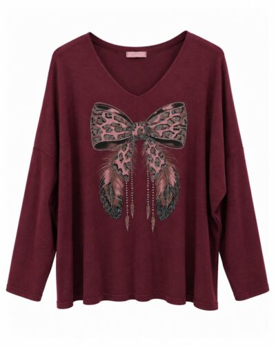 Jersey lazo burdeos curvy con escote en V y detalle animal print delantero