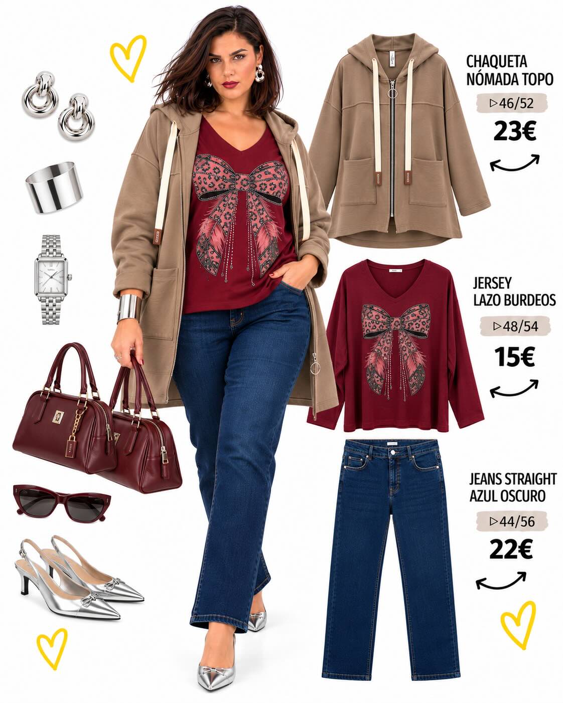 completa el look Jersey lazo burdeos curvy con escote en V y detalle animal print delanter0