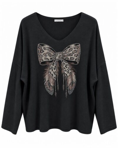 Jersey lazo negro curvy con escote en V y gran lazo animal print delantero
