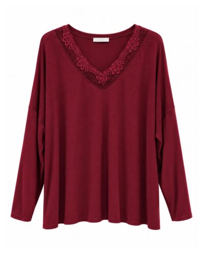 Jersey lencero burdeos curvy de tacto lana con escote en V y encaje floral