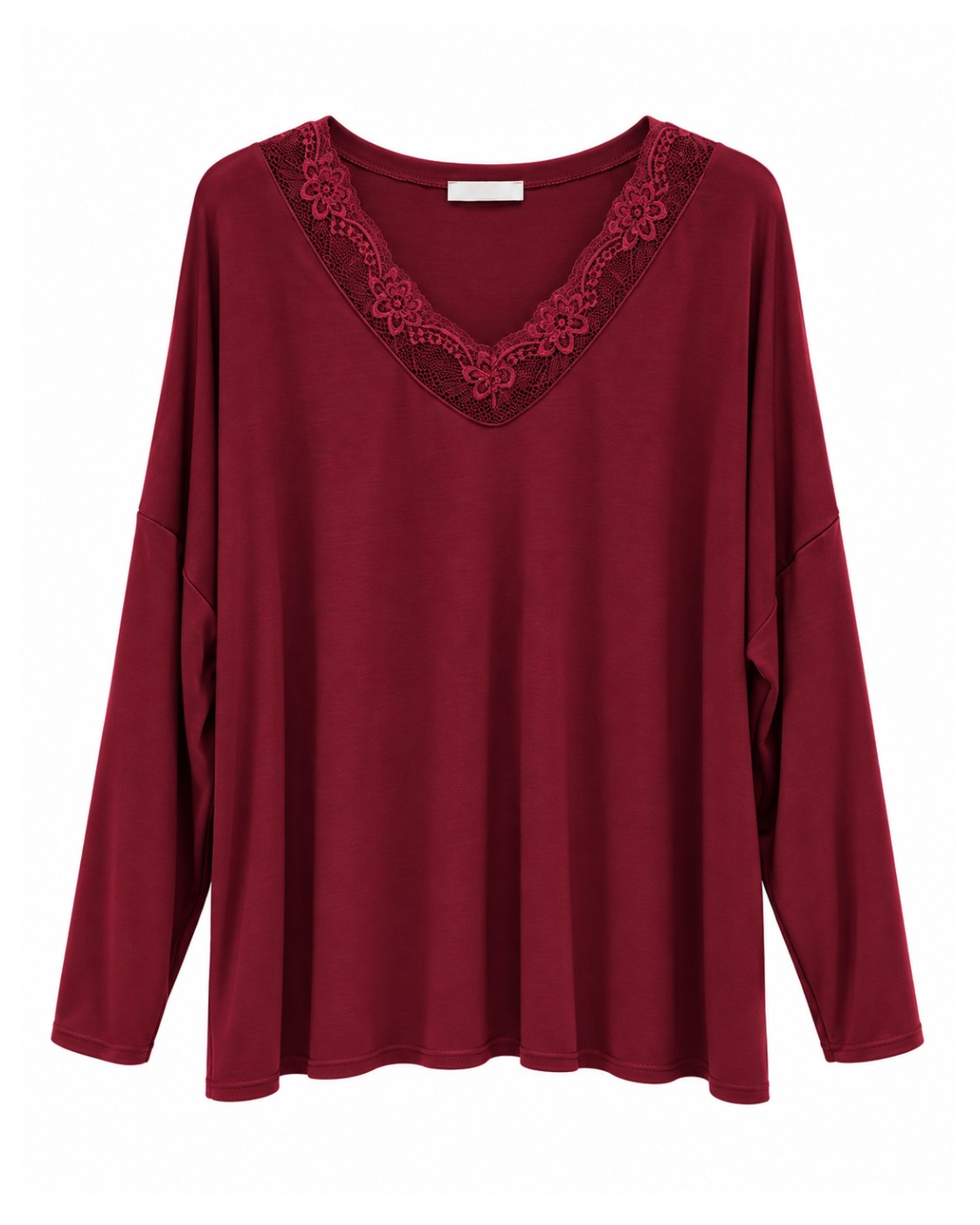 Jersey lencero burdeos curvy de tacto lana con escote en V y encaje floral