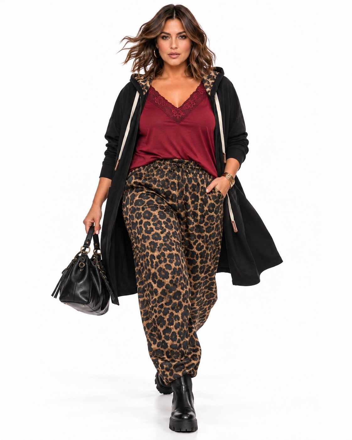 Look completo Jersey lencero burdeos curvy de tacto lana con escote en V y encaje floral