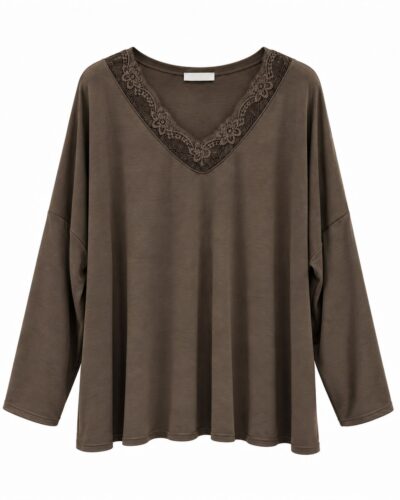 Jersey lencero chocolate curvy de tacto lana con escote en V y encaje floral