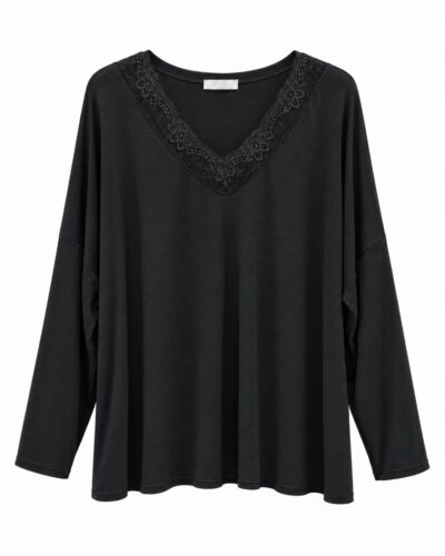 Jersey lencero negro curvy de tacto lana con escote en V y encaje floral