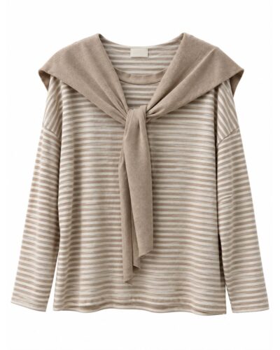 Jersey marinero capa beige para mujer curvy con rayas horizontales y pieza superior anudada integrada