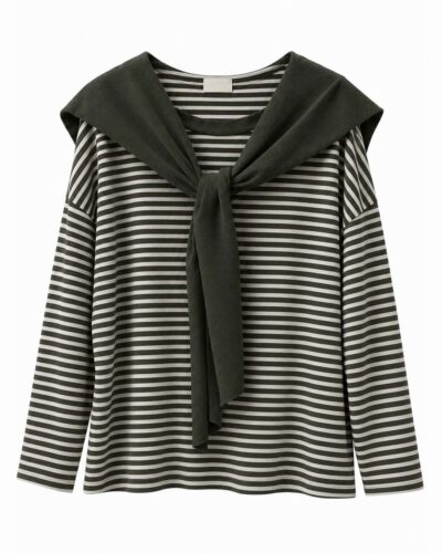 Jersey marinero capa kaki para mujer curvy con rayas en crudo y pieza superior anudada integrada