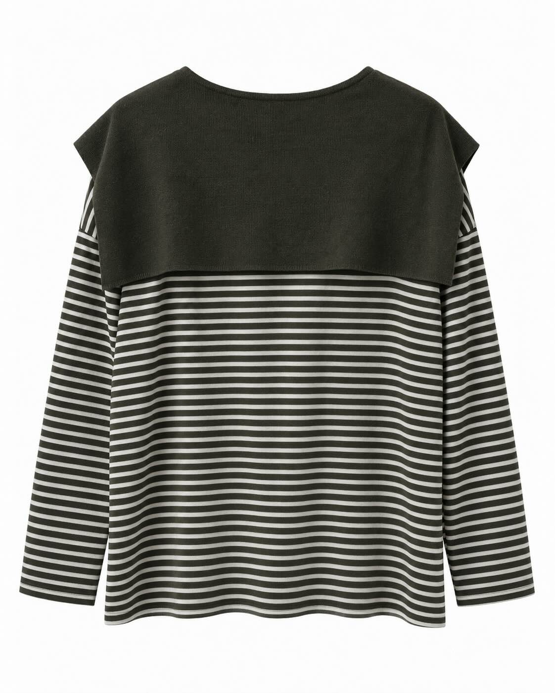 Jersey marinero capa kaki para mujer curvy visto de espalda con rayas y pieza superior lisa integrada