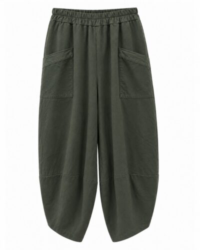Pantalón Balloon bolsillos kaki con cintura elástica, bolsillos delanteros grandes y pernera de volumen redondeado