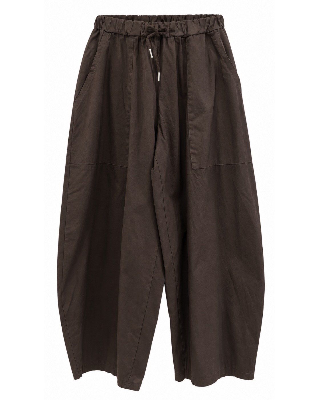 Pantalón barrel chocolate de mujer curvy en algodón con cintura elástica, cordón ajustable, bolsillos y pernera efecto globo