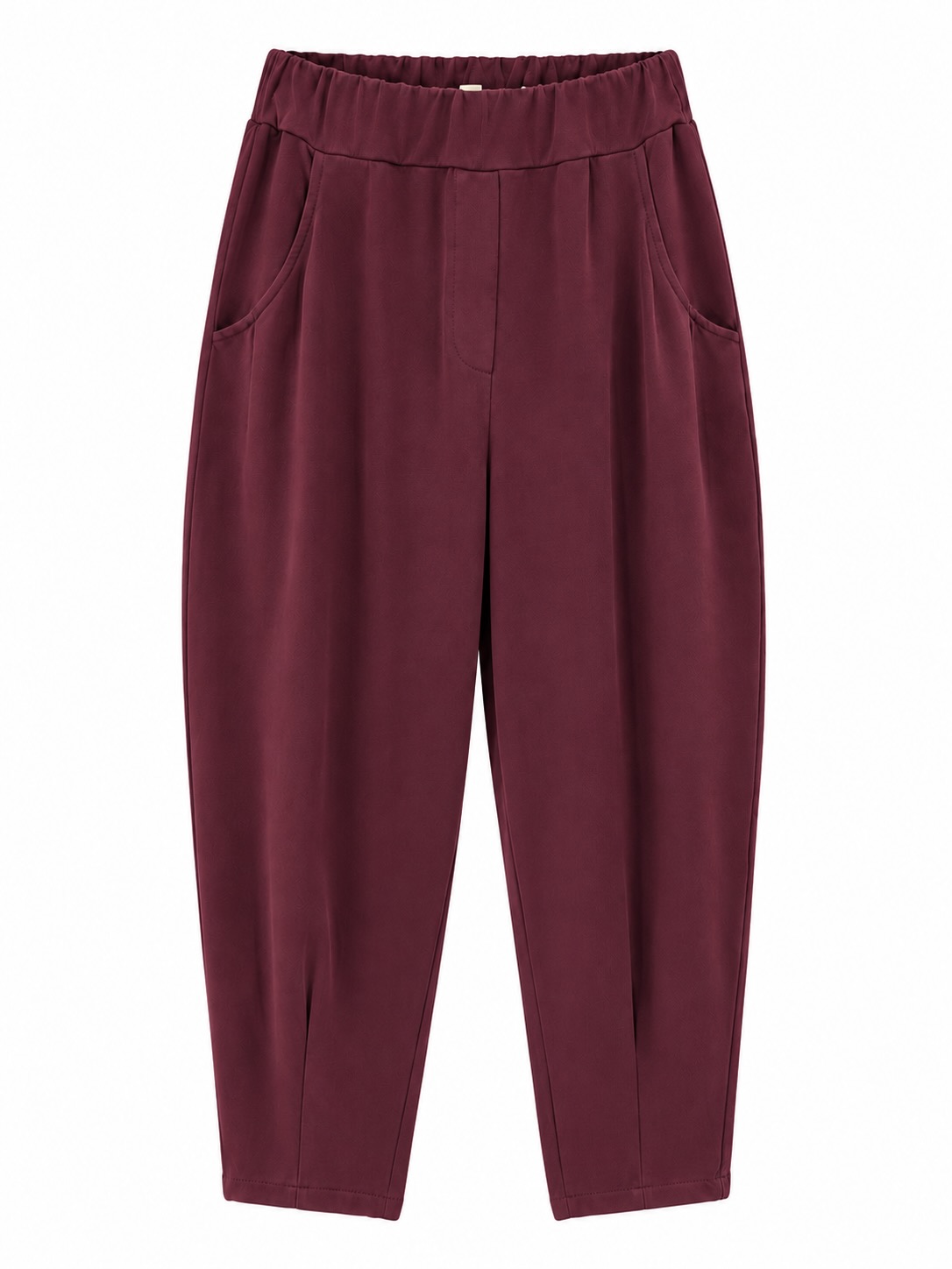 Pantalón carrot cintura elástica burdeos con bolsillos laterales y corte relajado