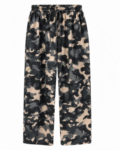 Pantalón militar gris de mujer curvy con estampado camuflaje, cintura elástica y cordón