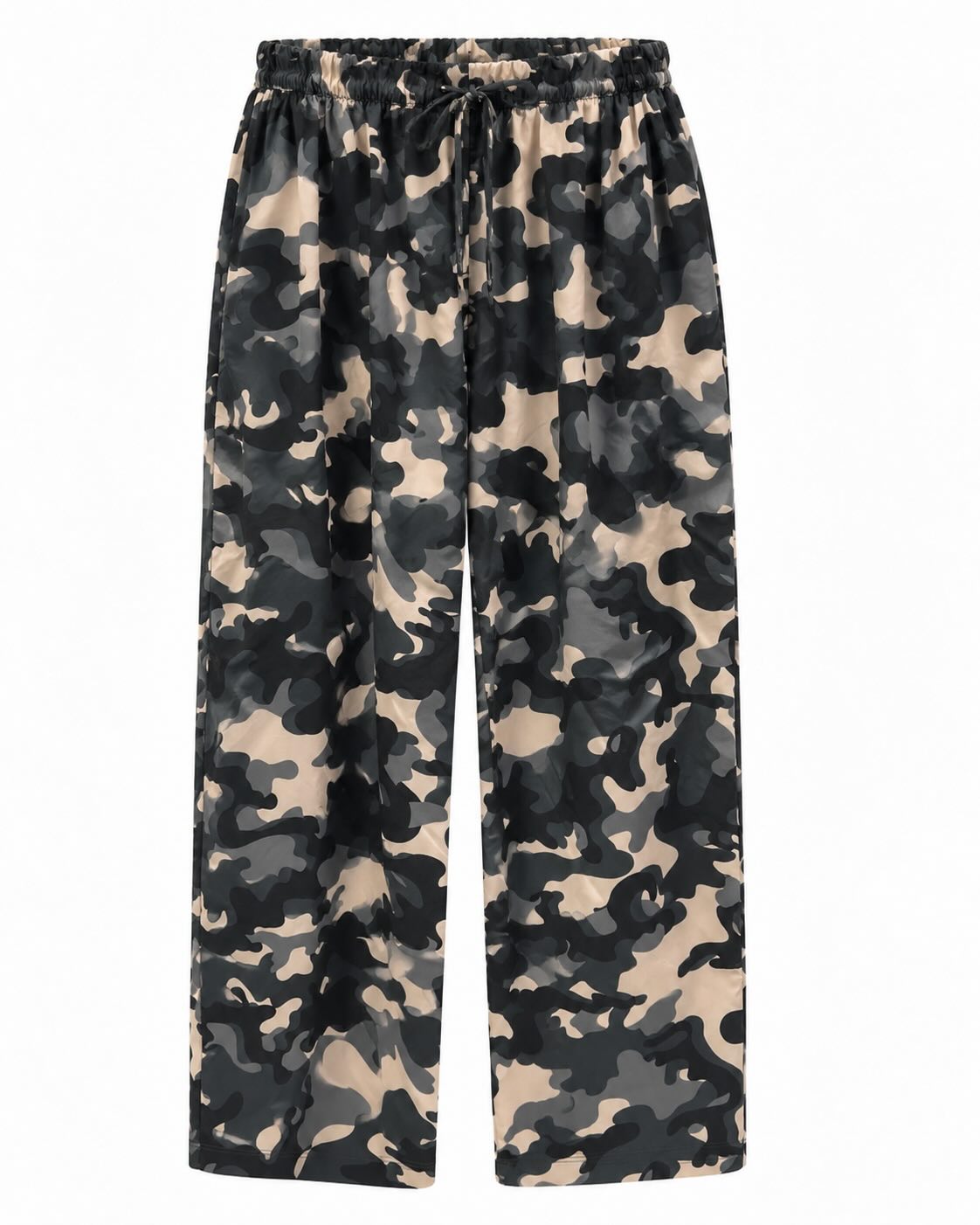 Pantalón militar gris de mujer curvy con estampado camuflaje, cintura elástica y cordón