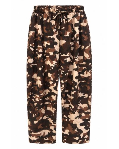 Pantalón Chic Militar marrón de mujer curvy con estampado camuflaje, cintura elástica y bolsillos