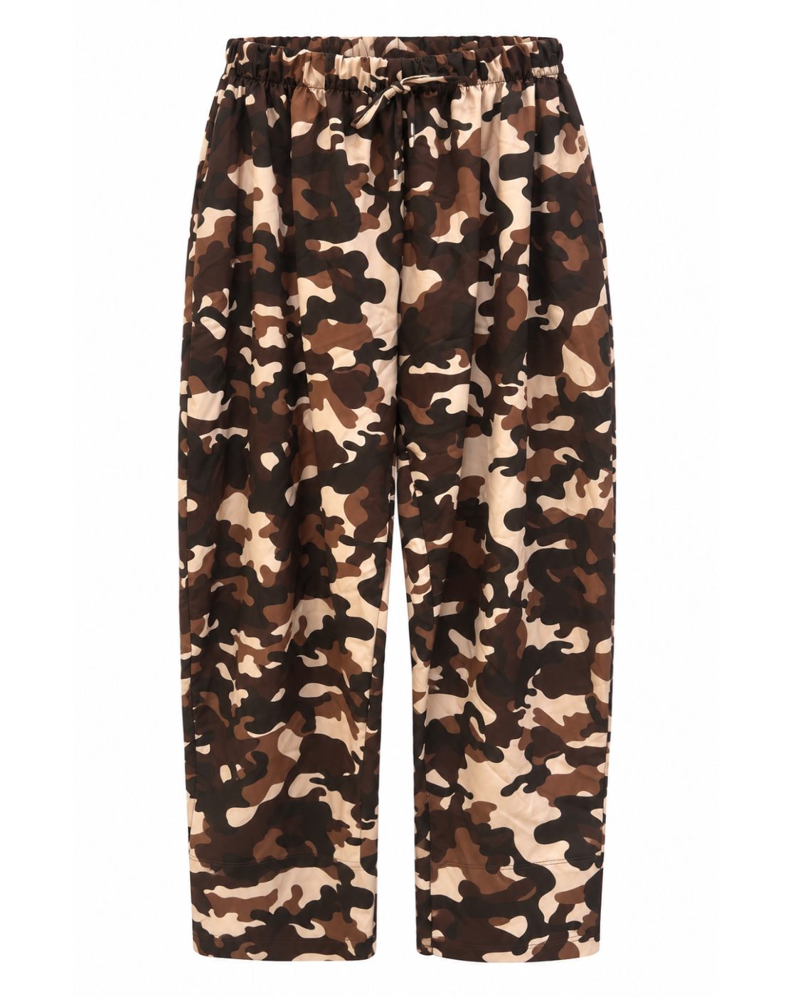 Pantalón Chic Militar marrón de mujer curvy con estampado camuflaje, cintura elástica y bolsillos