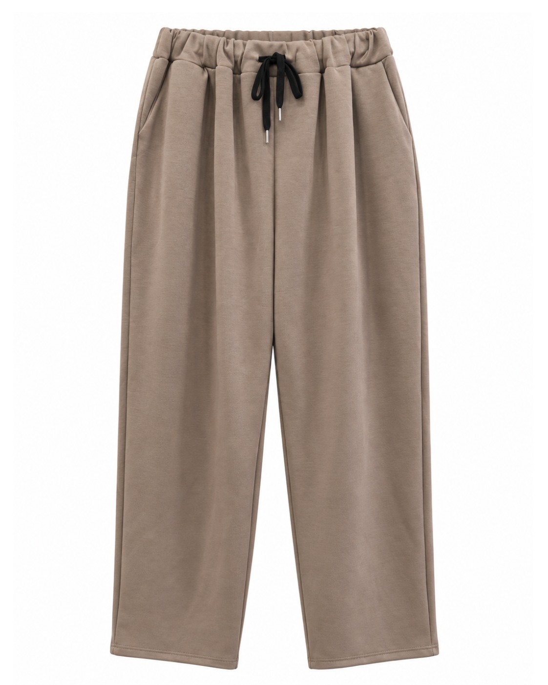 Pantalón jogger casual topo de mujer curvy en neopreno suave, con cintura elástica, cordón ajustable, pinzas y bolsillos, vista delantera