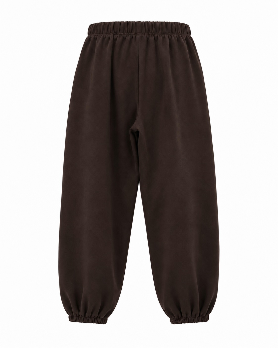 Vista de la espalda del pantalón jogger marrón con cintura y bajos elásticos