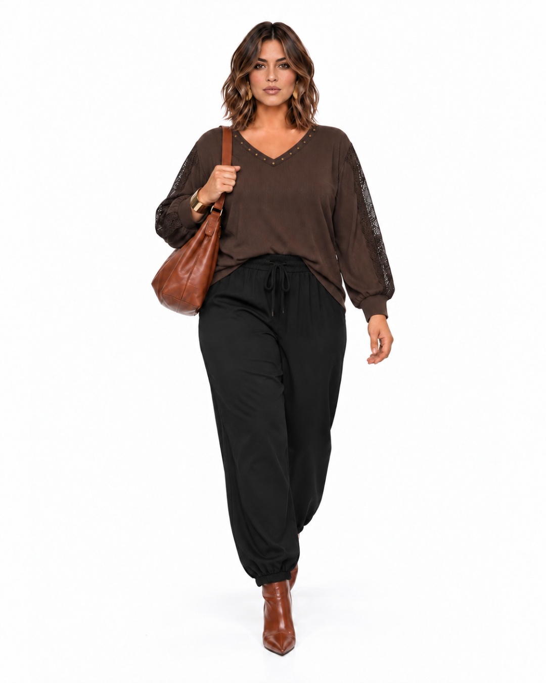 Look Pantalón jogger negro con cintura elástica, cordón ajustable y bajos elásticos