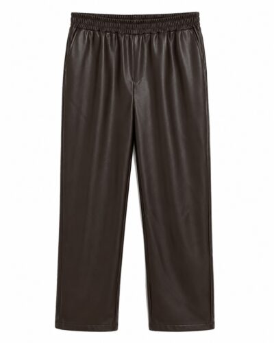 Pantalón recto efecto piel marrón con cintura elástica y bolsillos