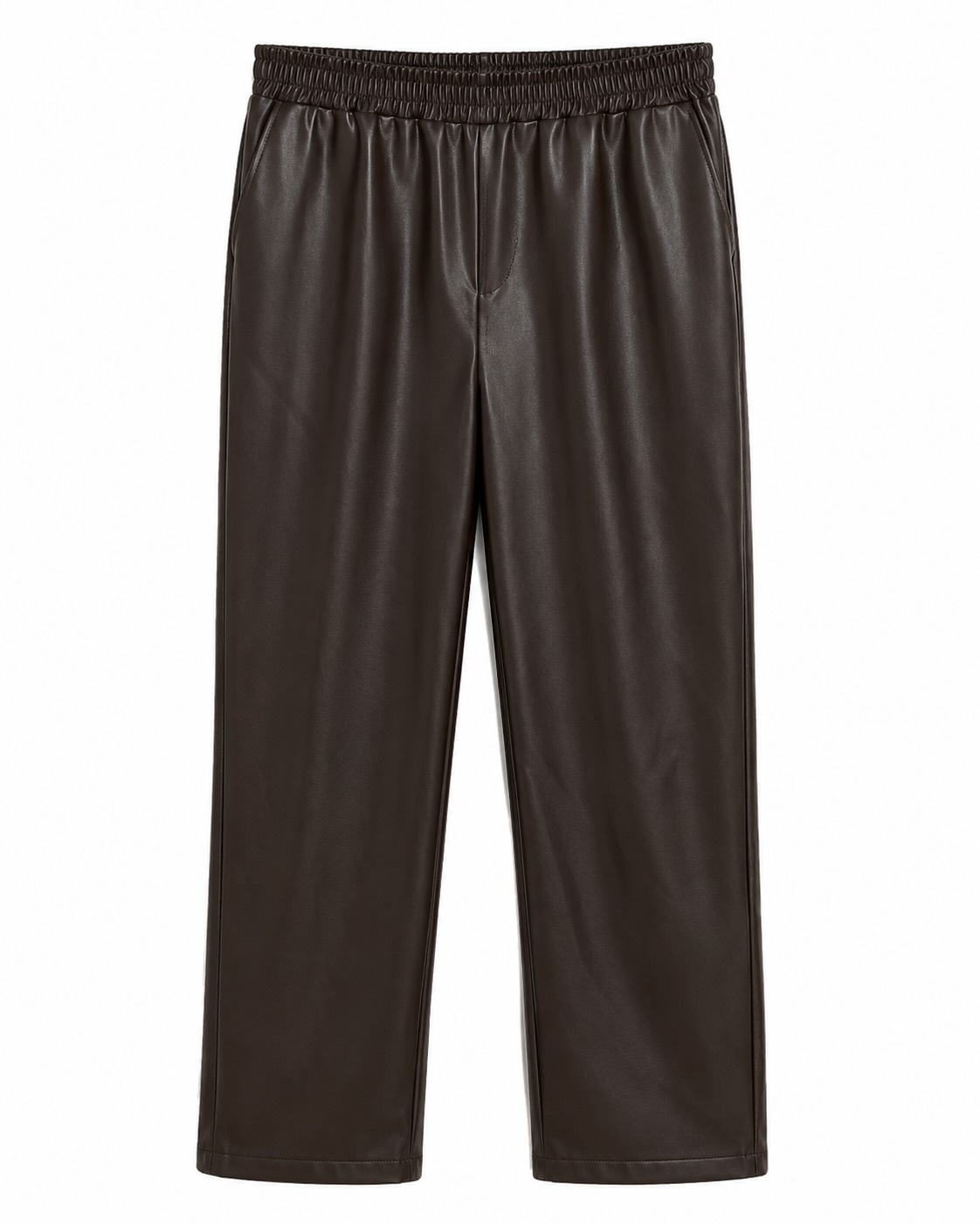 Pantalón recto efecto piel marrón con cintura elástica y bolsillos