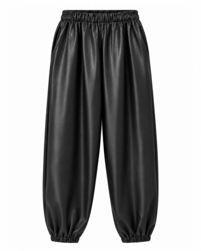 Pantalón jogger efecto piel negro para mujer curvy con cintura elástica, bolsillos laterales y bajos ajustados