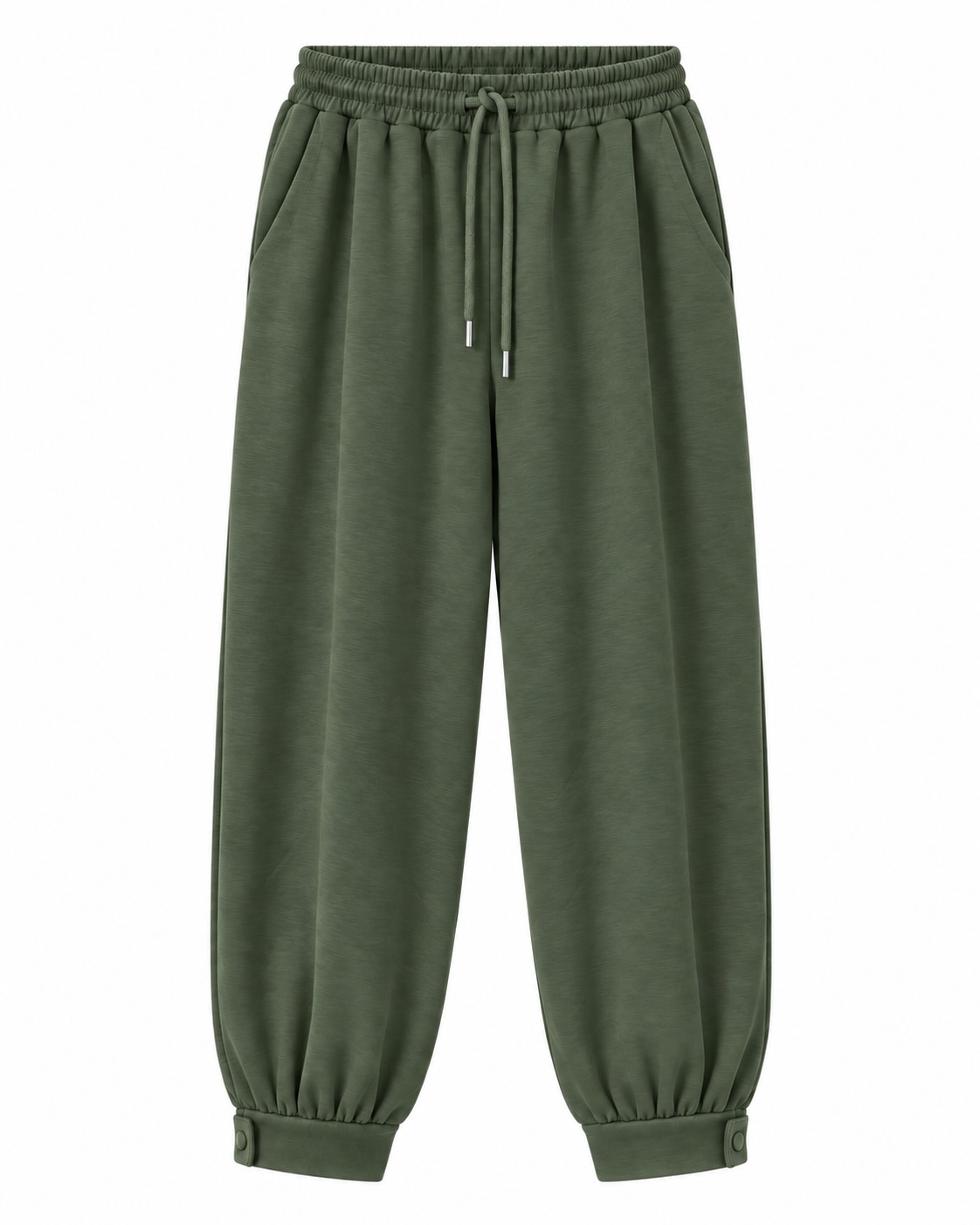 Pantalón jogger globo verde con cintura elástica, cordón ajustable y bajos con botones