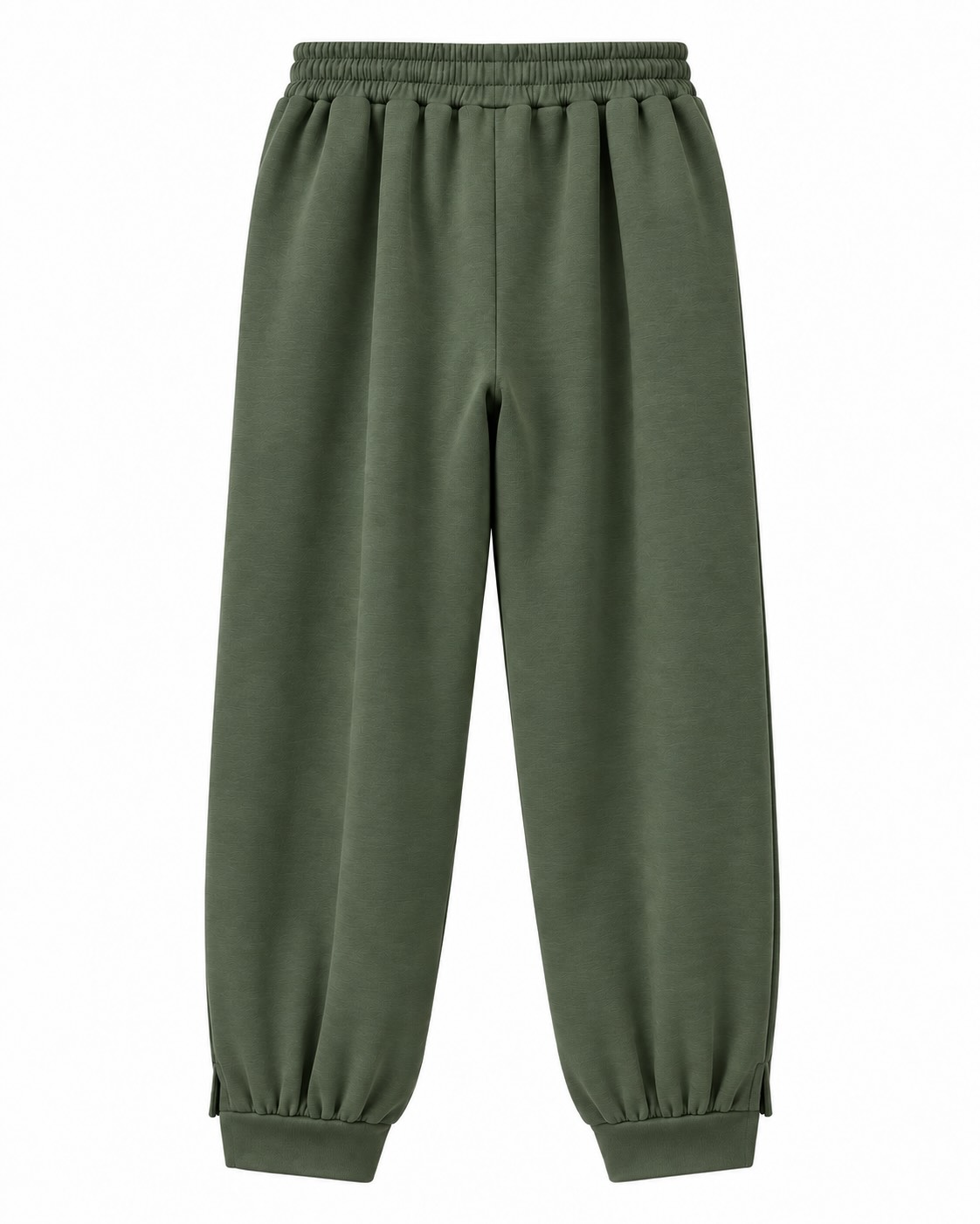 Vista de la espalda del pantalón jogger globo verde con cintura elástica y pernera abombada