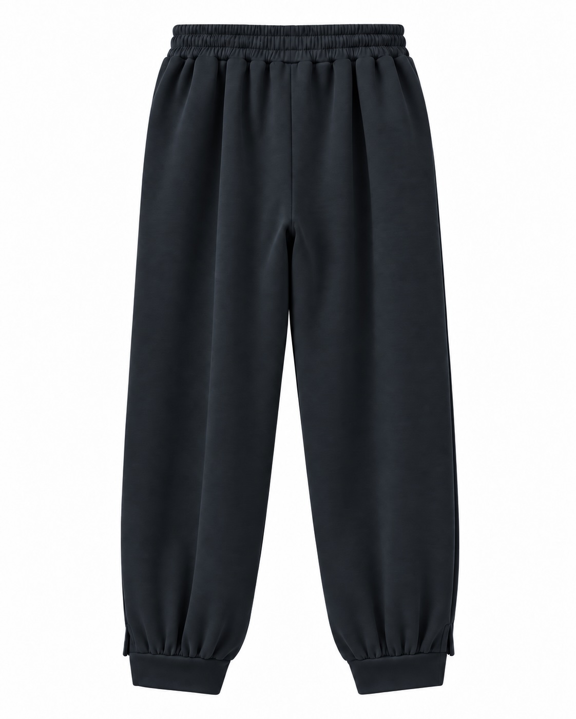 Vista trasera del pantalón jogger globo negro con cintura elástica y bajos recogidos