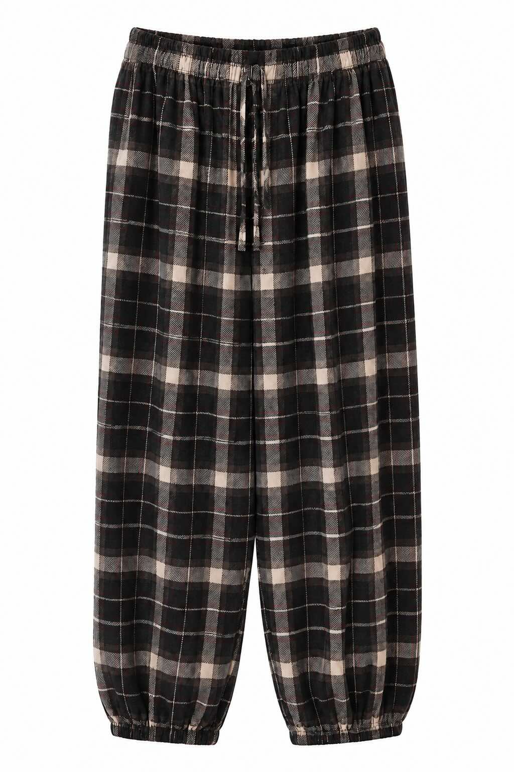 Delantero pantalón marrón de cuadros escoceses con cintura y bajos elásticos.