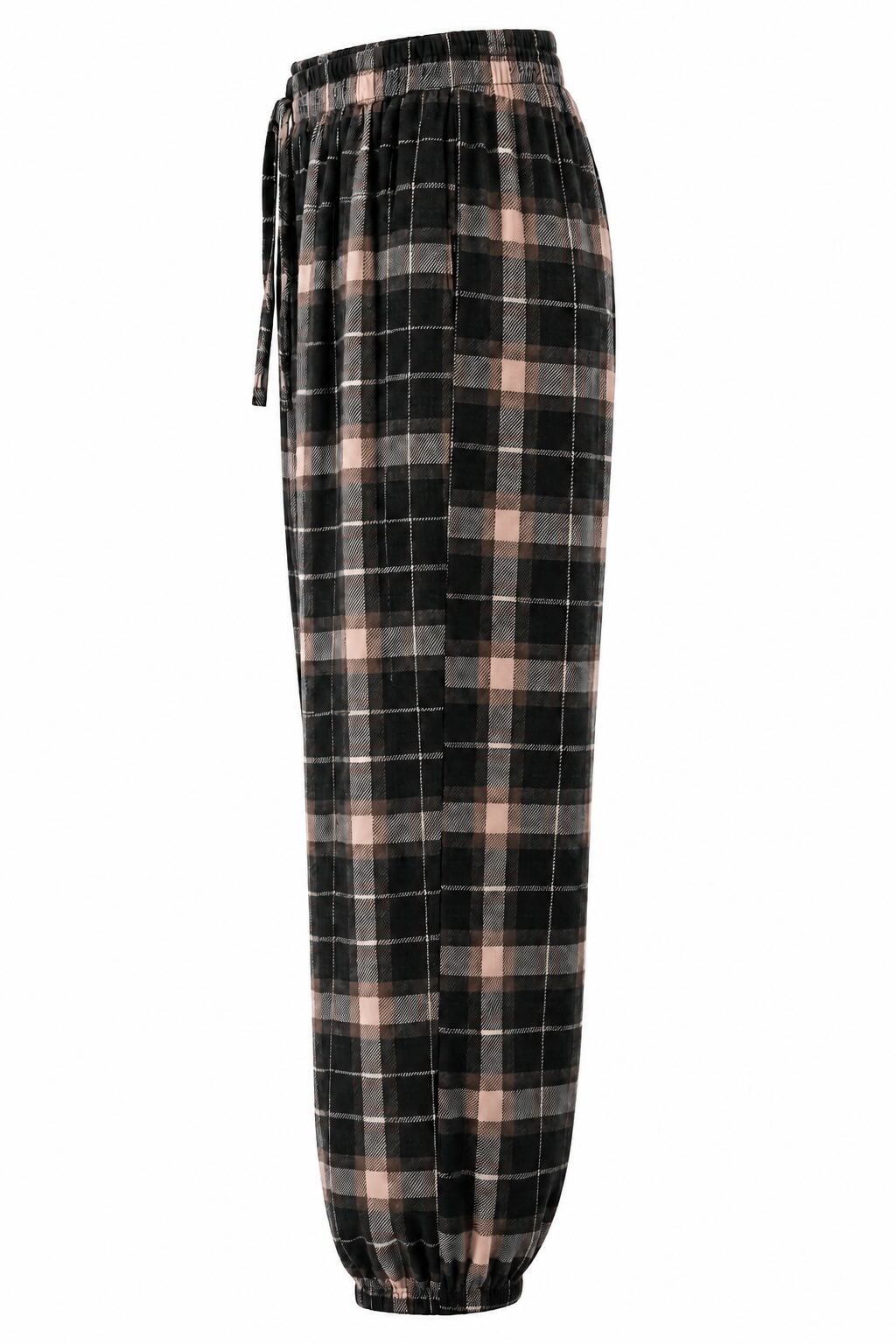 Lateral pantalón negro de cuadros escoceses con cintura y bajos elásticos.