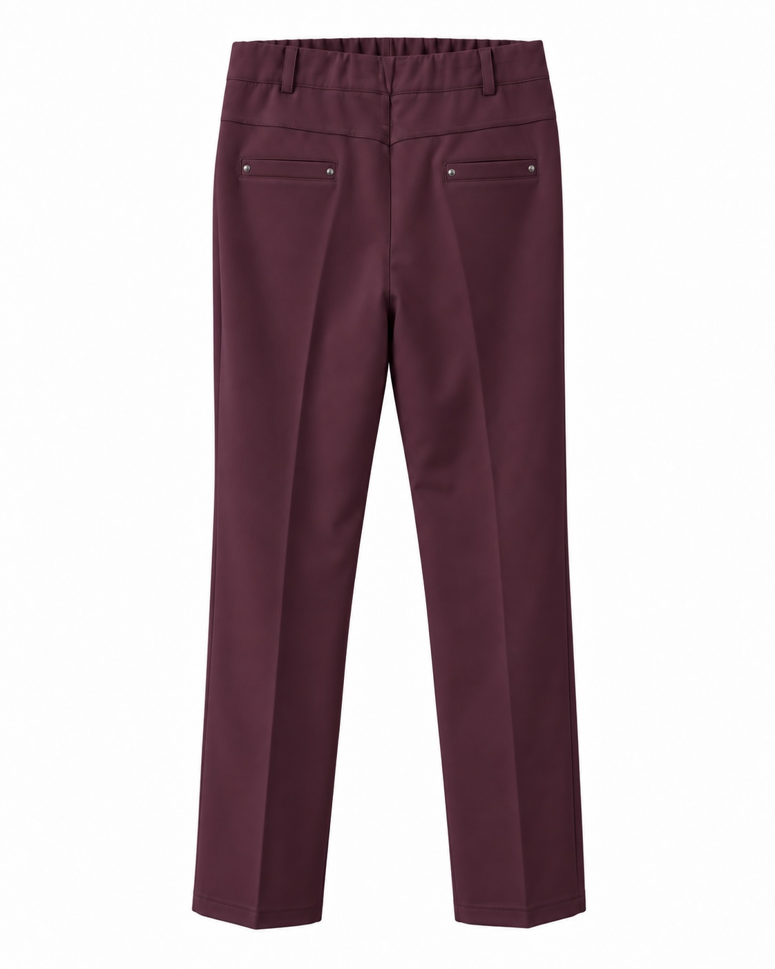 Vista de la espalda del pantalón punto roma premium invierno burdeos con bolsillos simulados y corte recto