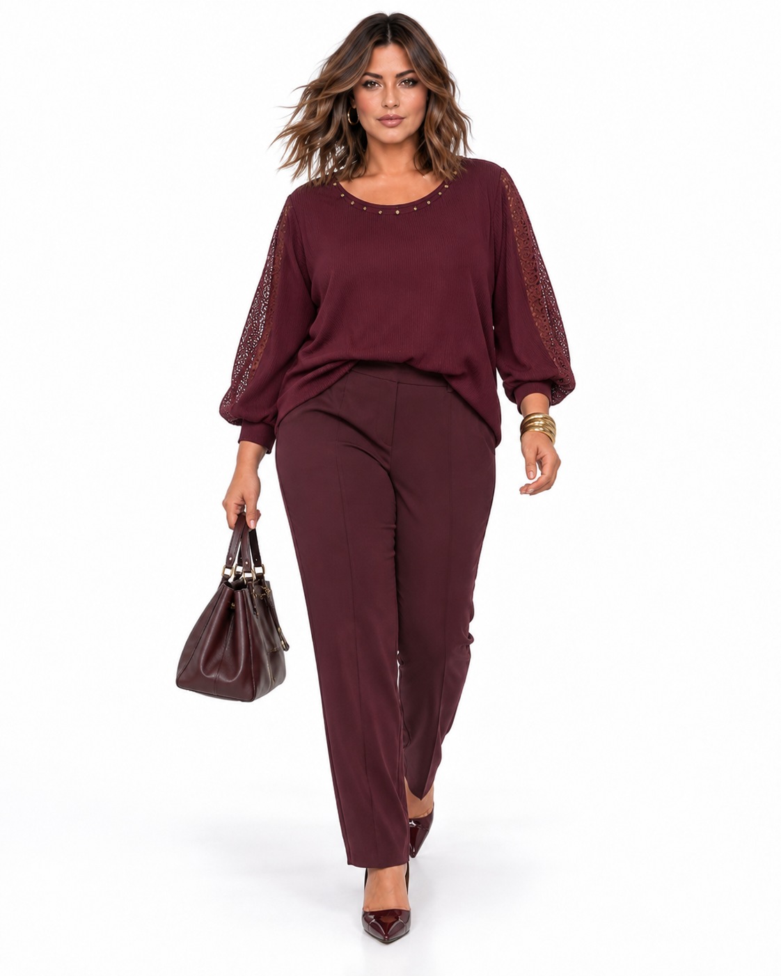 Look completo Pantalón punto roma premium invierno burdeos de corte recto, cintura cómoda y tejido con cuerpo
