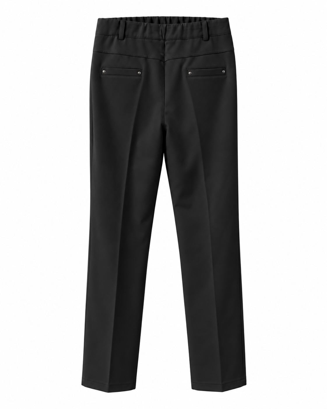 Vista de la espalda del pantalón punto roma premium invierno negro con corte recto y bolsillos simulados