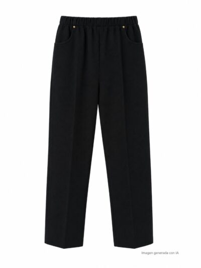 Pantalón textura negro con cintura elástica, bolsillos delanteros y detalles metálicos