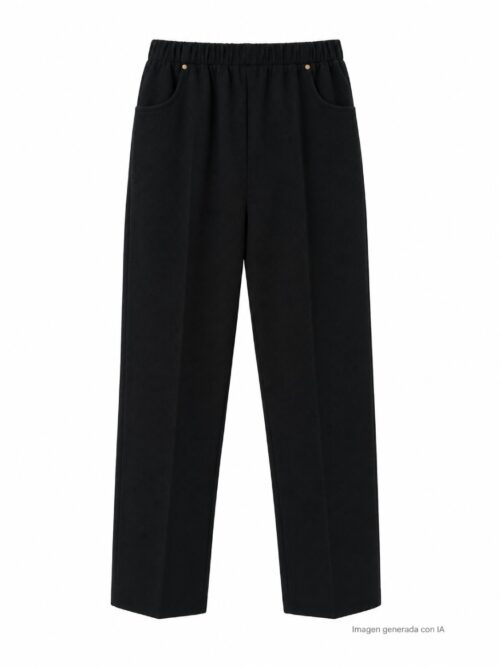 Pantalón textura negro con cintura elástica, bolsillos delanteros y detalles metálicos