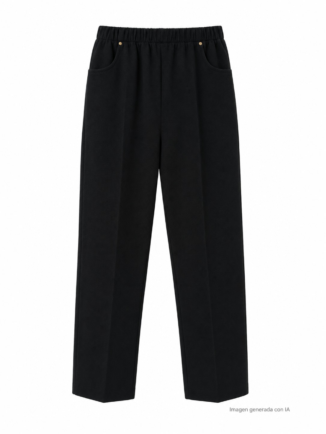 Pantalón textura negro con cintura elástica, bolsillos delanteros y detalles metálicos