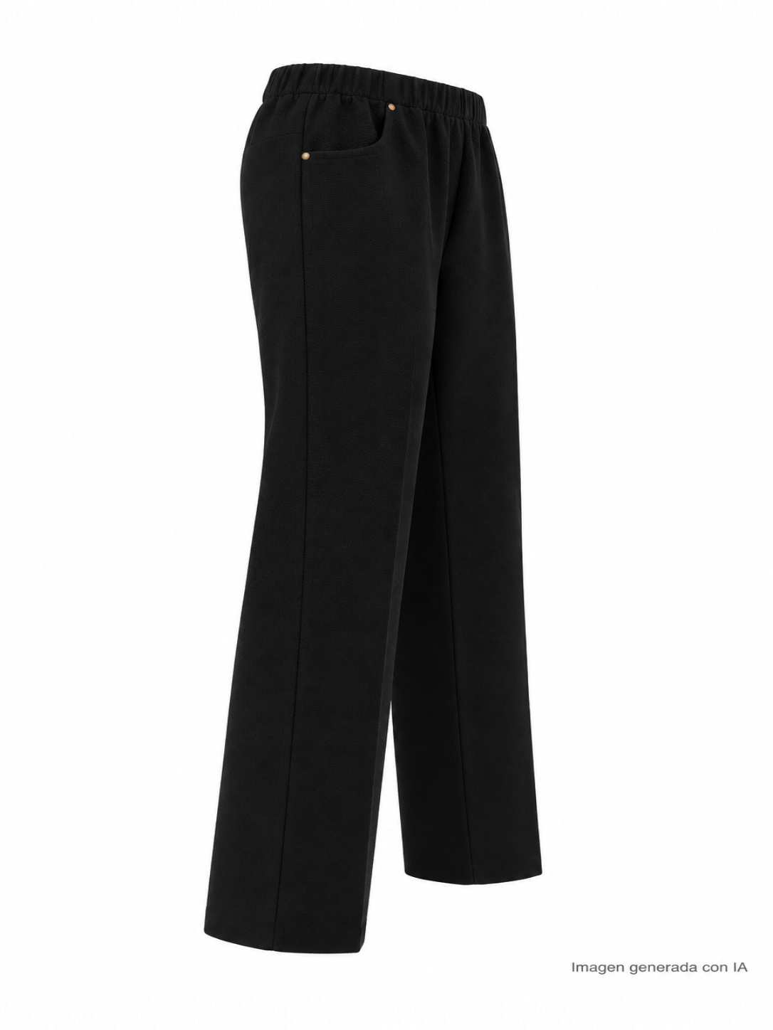 Vista lateral del pantalón textura negro con pernera que se estrecha hacia el bajo