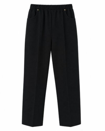 Pantalón textura negro con cintura elástica, bolsillos delanteros y detalles metálicos